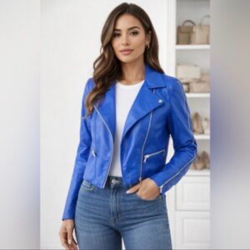 BEBE Genuine Leather Blue Moto Jacket-0402
